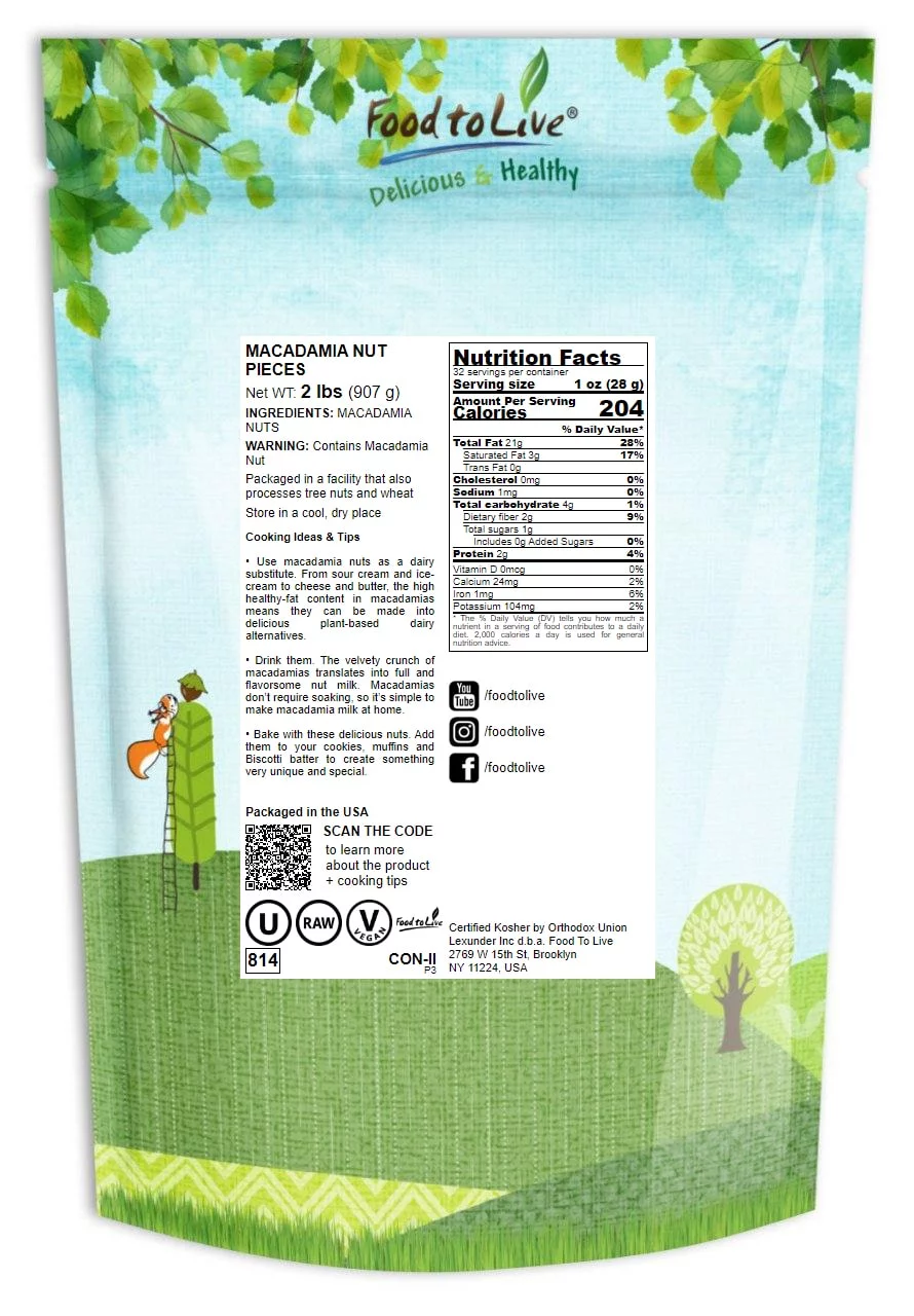 Macadamia Nut Pieces, 2 Pounds — Kosher, Raw, Vegan — by Food to Live