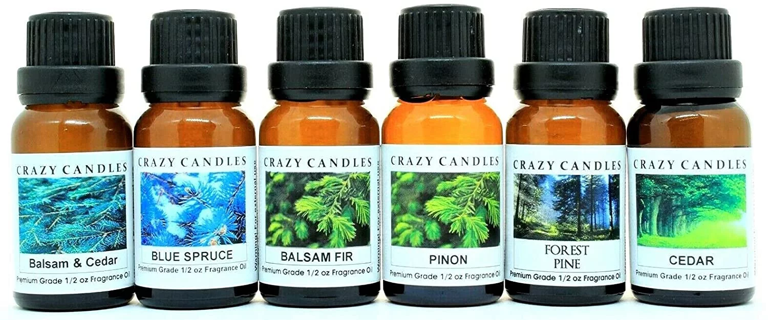 Crazy Candles 6 Bottles Set (Made in USA) 1 Balsam & Cedar, 1 Balsam Fir, 1 Blue Spruce, 1 Forest Pine, 1 Pinon, 1 Cedar 1/2 Fl Oz Each (15ml) Premium Grade Scented Fragrance Oils