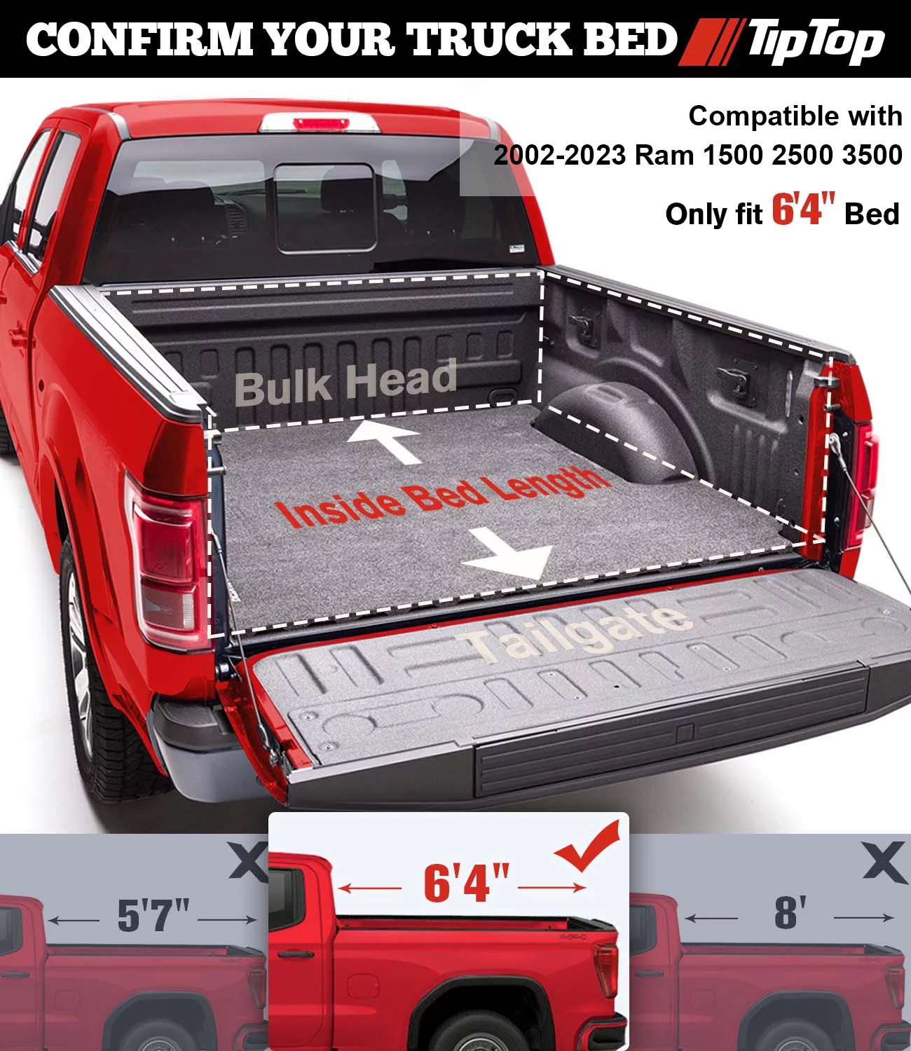 TIPTOP Tri-Fold Hard Tonneau Cover Truck Bed FRP On Top For 2002-2023 Ram 1500 2500 3500 with 6'4