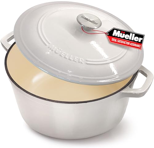 Mueller 6qt Enameled Cast Iron Dutch Oven, Heavy-Duty Casserole and Braiser Pan with Lid and Knob, Oven-Safe up to 500° F & Across All Cooktops, White