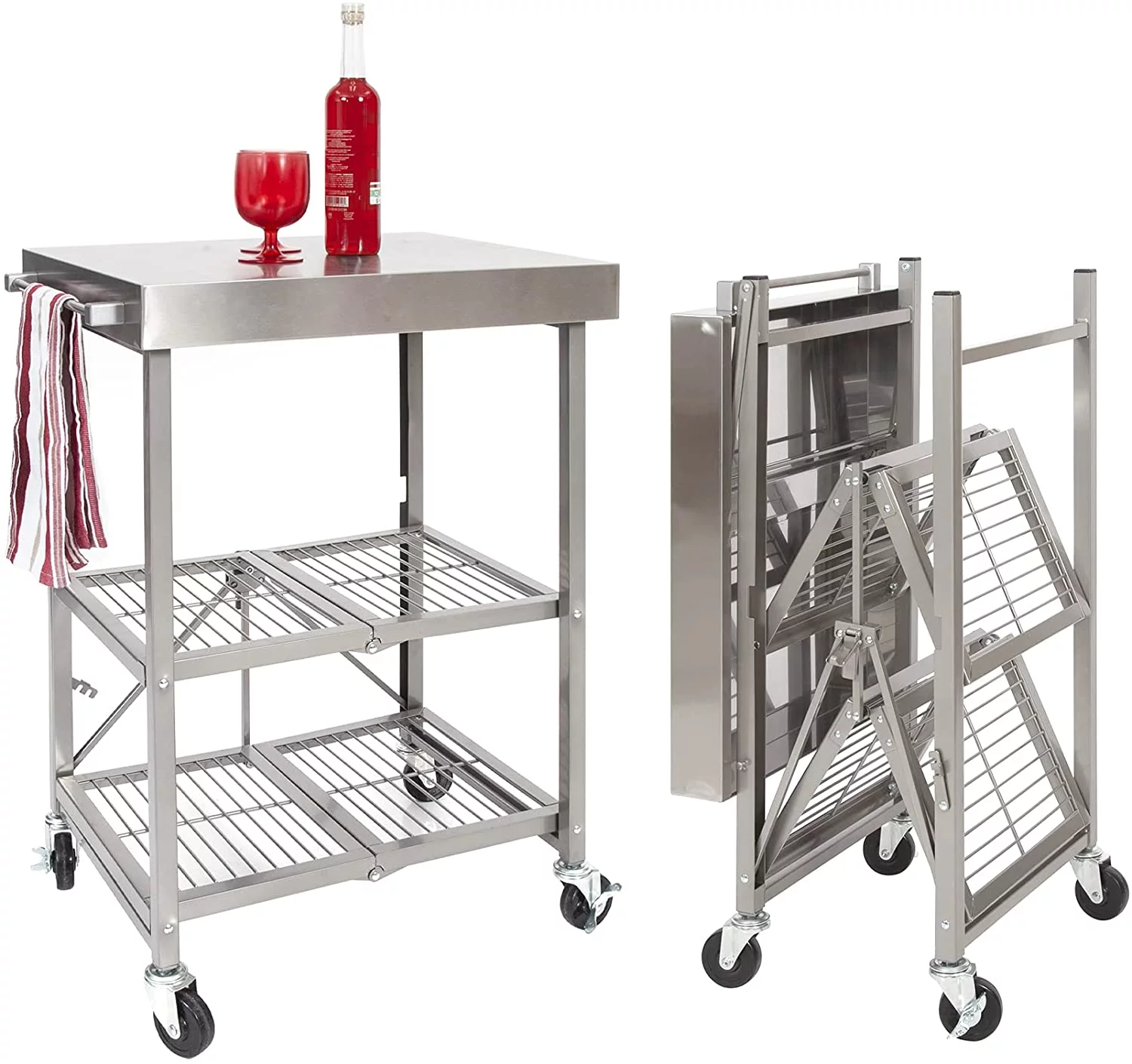 WAGEE Stainless Steel Table with Wheels, 3-Tier Foldable Rolling Cart Made of Commercial-Grade Metal - Stainless Steel Kitchen Island Design for Chefs Food Prep