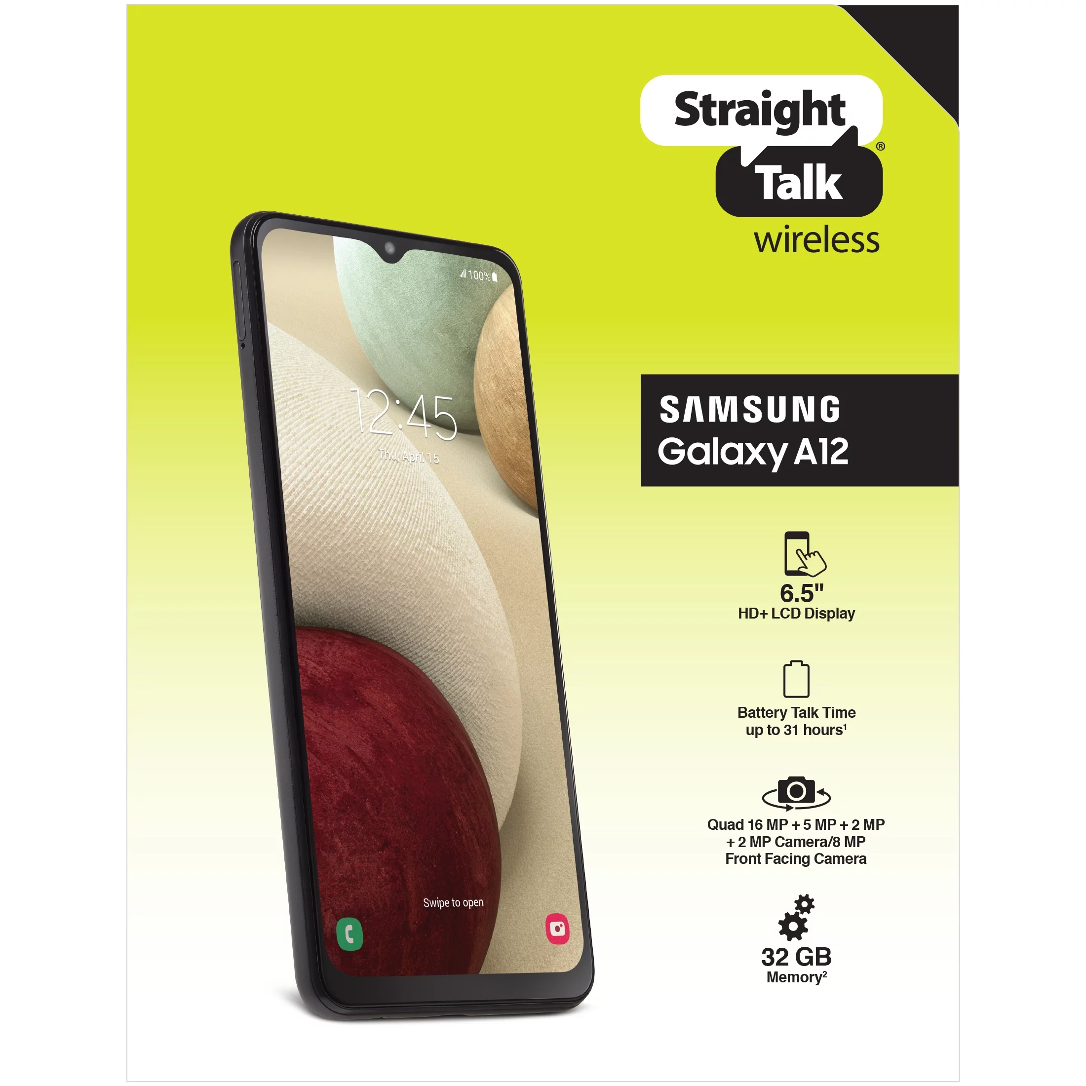 Straight Talk Samsung Galaxy A12, 32GB, Black- Prepaid Smartphone [Locked to Straight Talk]