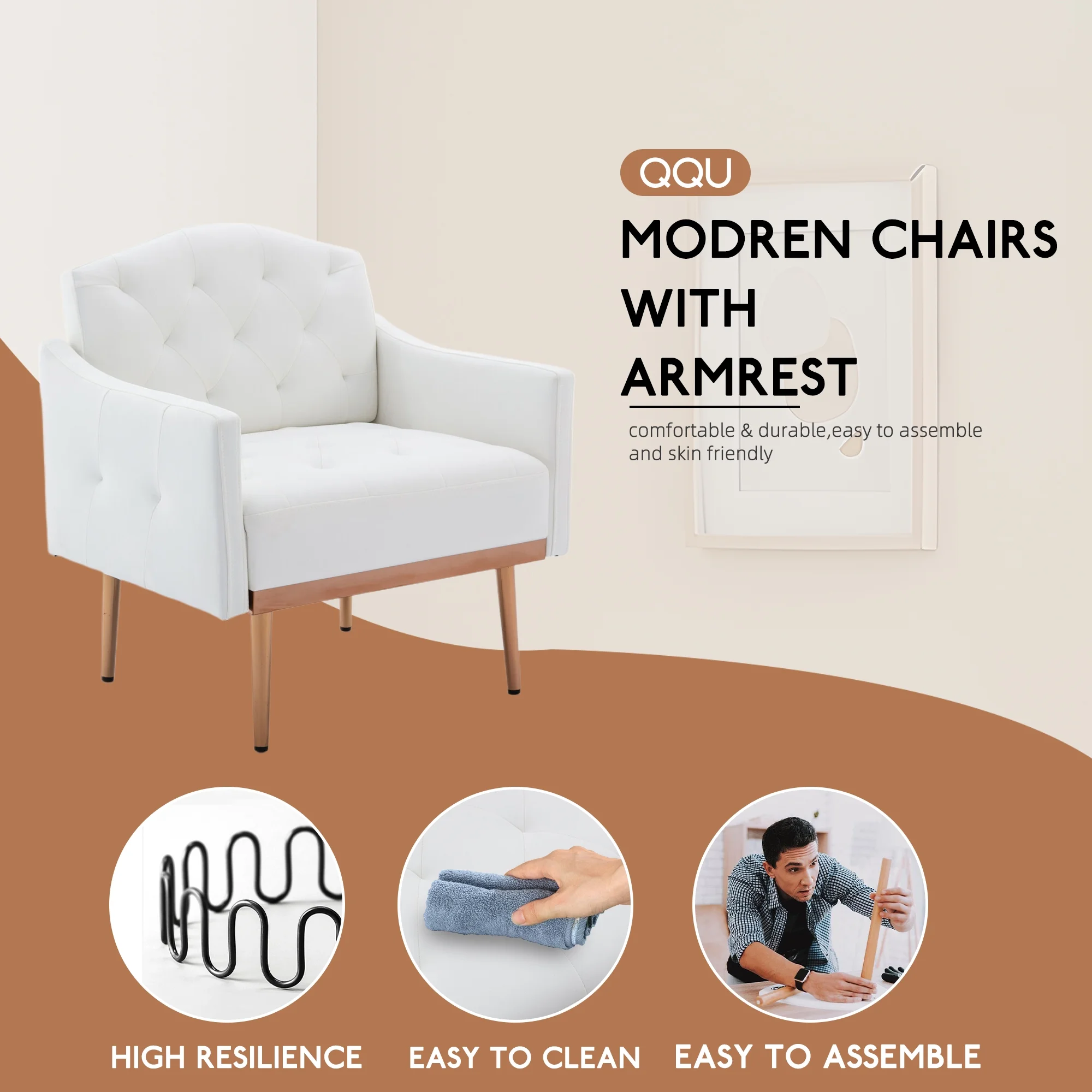 HOMEFUN White Modern PU Leather High-Back Leisure Single Accent Chair with Rose Golden Metal Feet