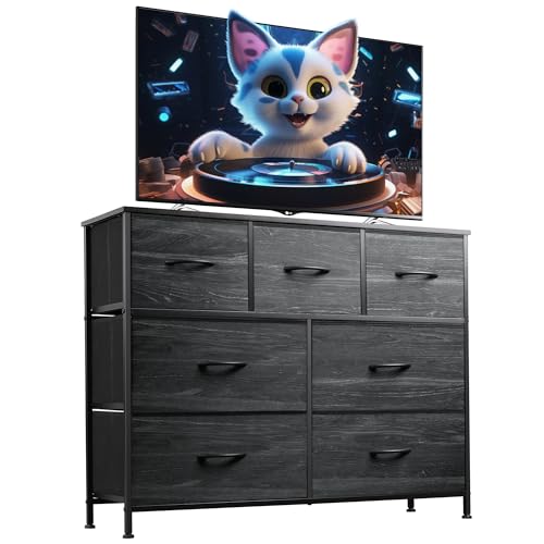 WLIVE 7 Drawer Dresser TV Stand, Entertainment Center, Media Console Table with Metal Frame and Wood Top for TV up to 45 inch, Chest of Drawers for Bedroom, Charcoal Black Wood Grain Print