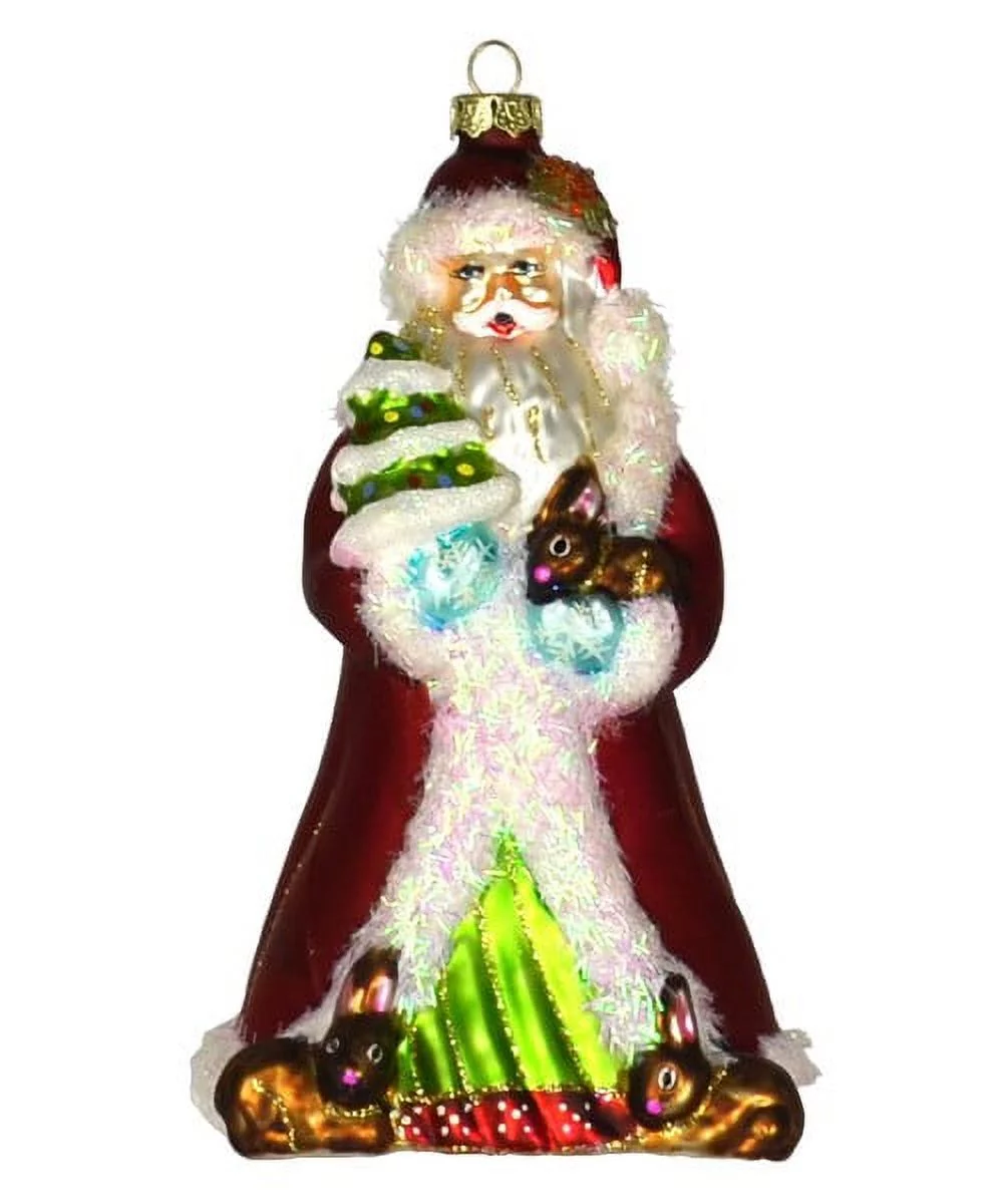GC Home & Garden 5.5” Red and White Father Christmas with Bunnies Hand Blown Glass Hanging Figurine