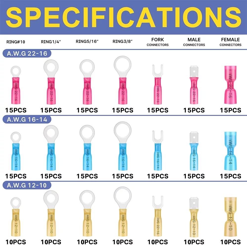 haisstronica 280PCS Heat Shrink Wire Connectors-Electrical Connectors Kit,Ring Fork Spade Butt Splice(3Colors/7Size)