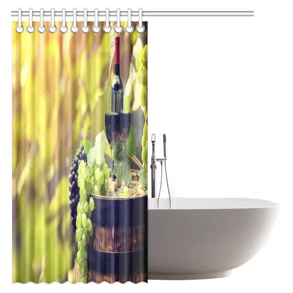 MYPOP Red Wine Bottle and Wine Glass on Old Barrel at Sunset in Chianti Tuscany Italy Landscape Fabric Bathroom Shower Curtain Set with Hooks, 66 X 72 Inches