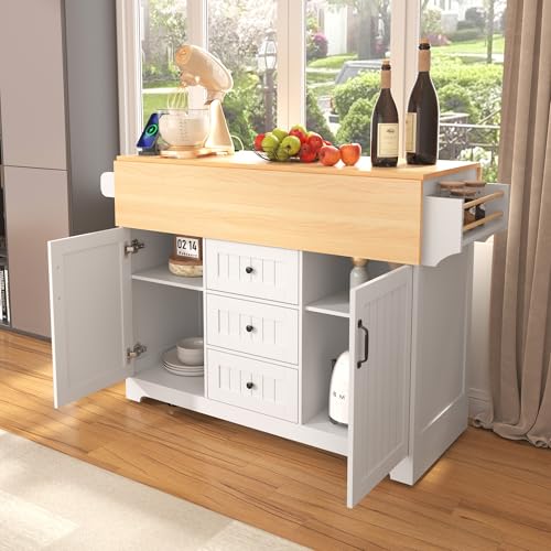Foldable White 55.7 Inch Kitchen Storage Island Cart with 2 Drop Leaf Extensions, 5-Wheel Rolling Table, Power Outlet & USB Port, 3 Drawers Spice Rack Towel Holder for Small Spaces