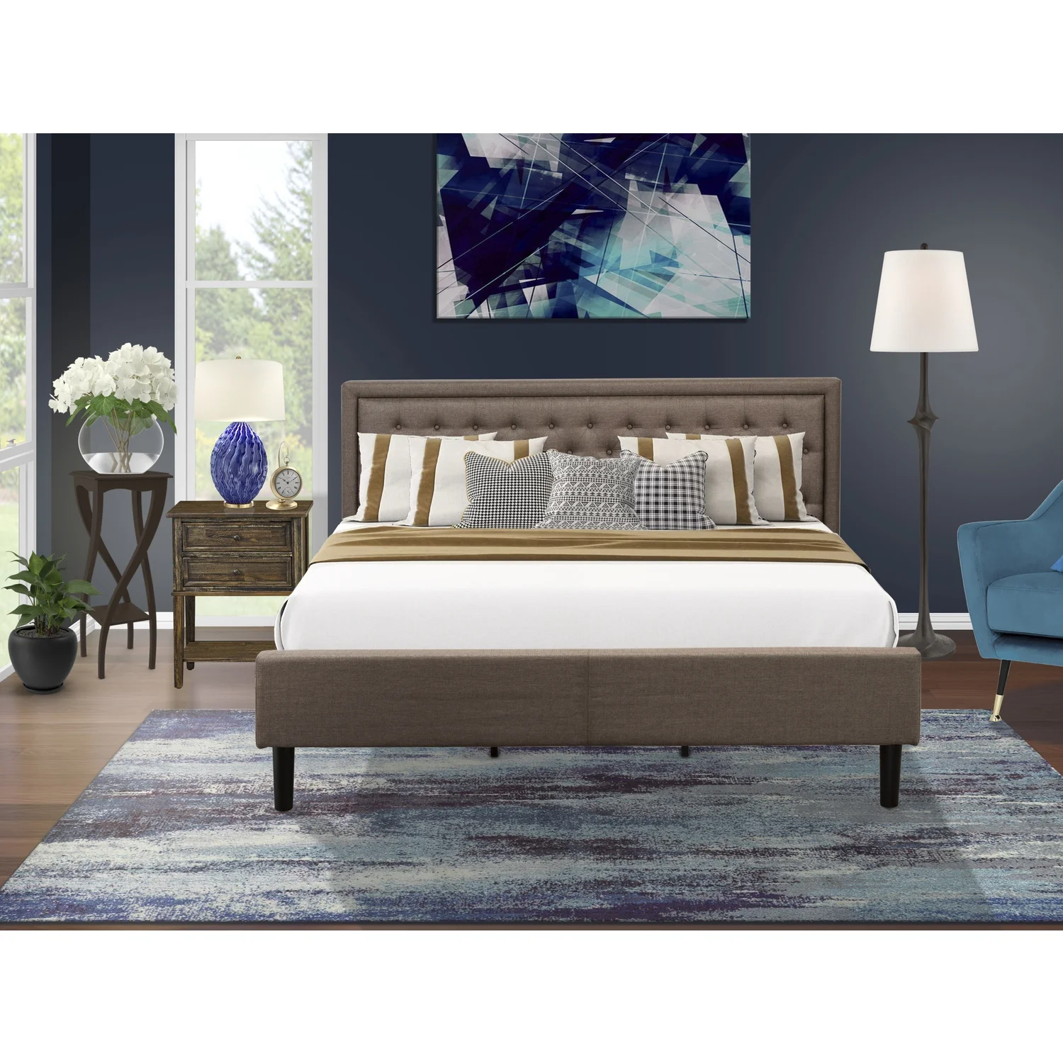 KD18K-1VL07 2 Pc Wooden Bedroom Set - 1 Bed Frame Brown Linen Fabric Padded and Button Tufted Headboard - 1 Small Night Stand with Wood Drawers - Black Finish Legs