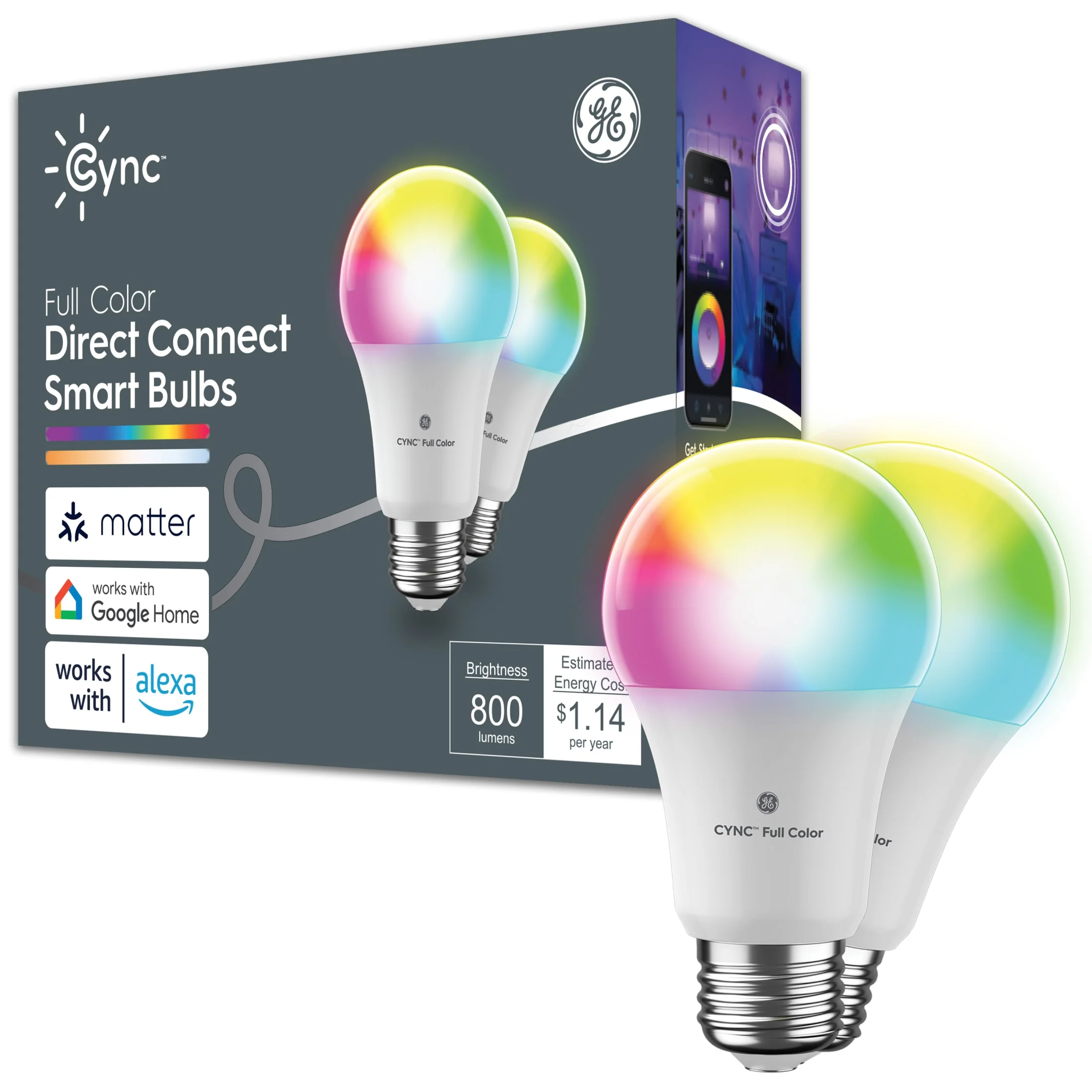 GE A19 Cync Smart LED Matter Compatible Light Bulb, 60 Watts, Color Changing Light, Medium Base, 2pk