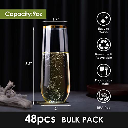 48 Pack Plastic Stemless Champagne Flutes, Disposable Unbreakable 9 Oz Toasting Glasses With Gold rim, Fancy & Shatterproof Champagne Glasses, Ideal for Wedding, Birthday, Party, Easter