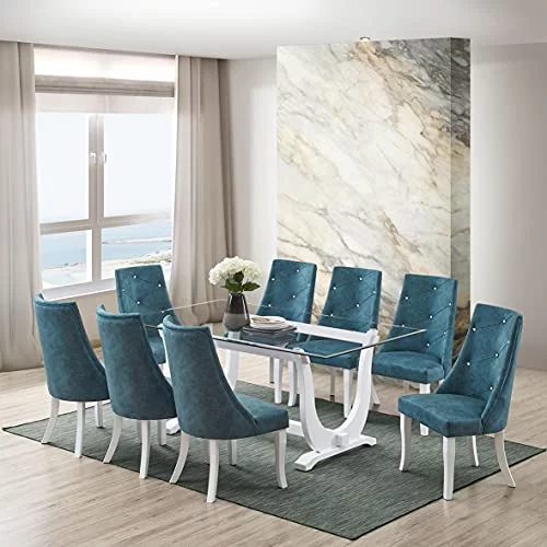 Kings Brand Furniture - Elmer 9 Piece Glass Top Dining Set, Table & 8 Chairs, White/Blue
