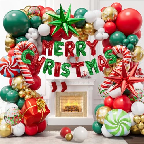 Christmas Balloon Garland Arch kit with Merry Christmas Banner and Christmas Red White Green Cane Balloons Candy Balloons Gift Box Balloons Explosion Star Foil Balloons for Xmas Party Decorations
