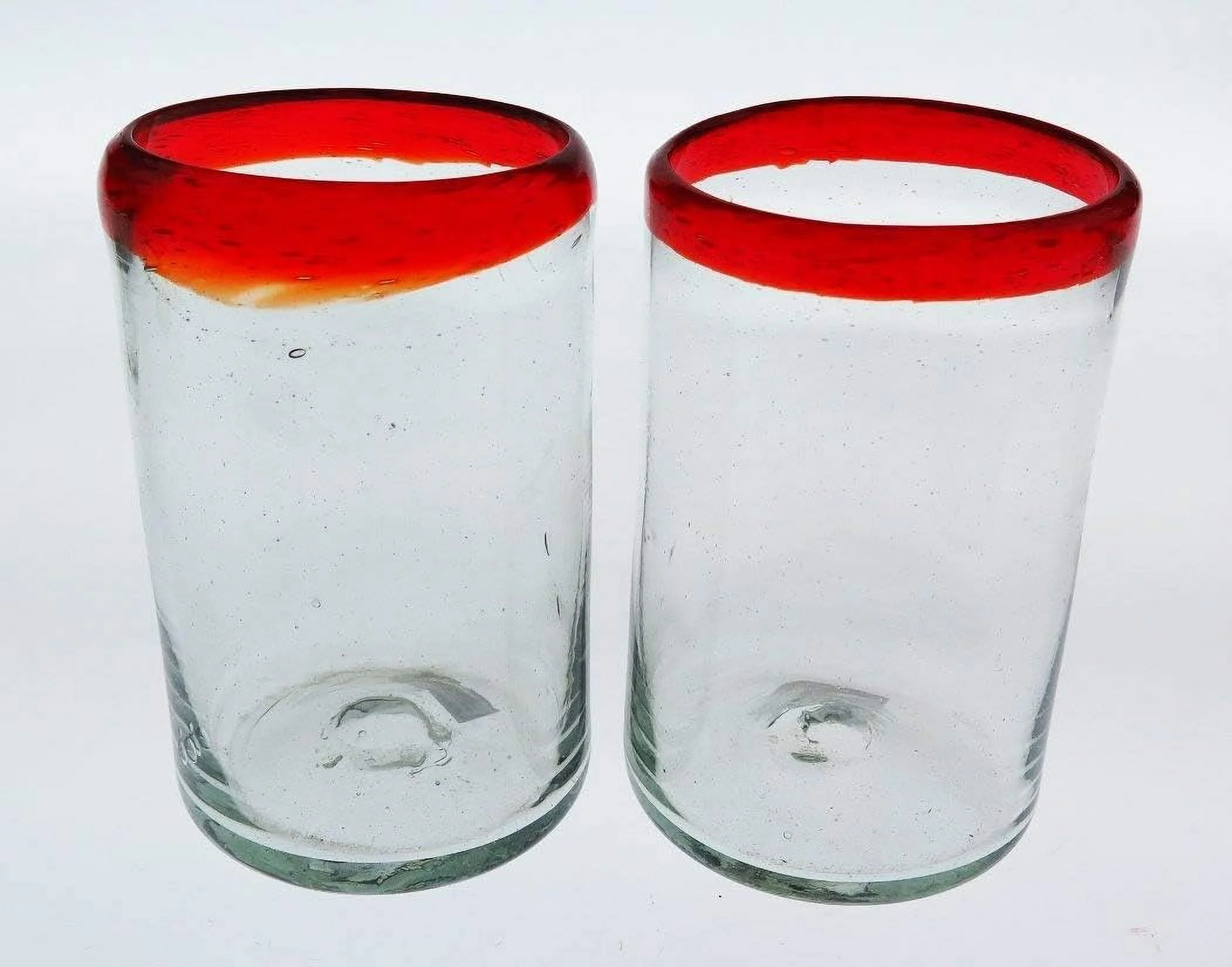 Mexican Glass Red Rim, Hand Blown, 16 Oz, Set Of 6