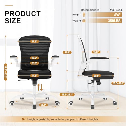 Office Chair, Ergonomic Desk Chairs 330LBS Capacity High Back Mesh Computer Chair with Flip-up Armrests, Comfy Work Chair with Adjustable Lumbar Support, Rolling Chair