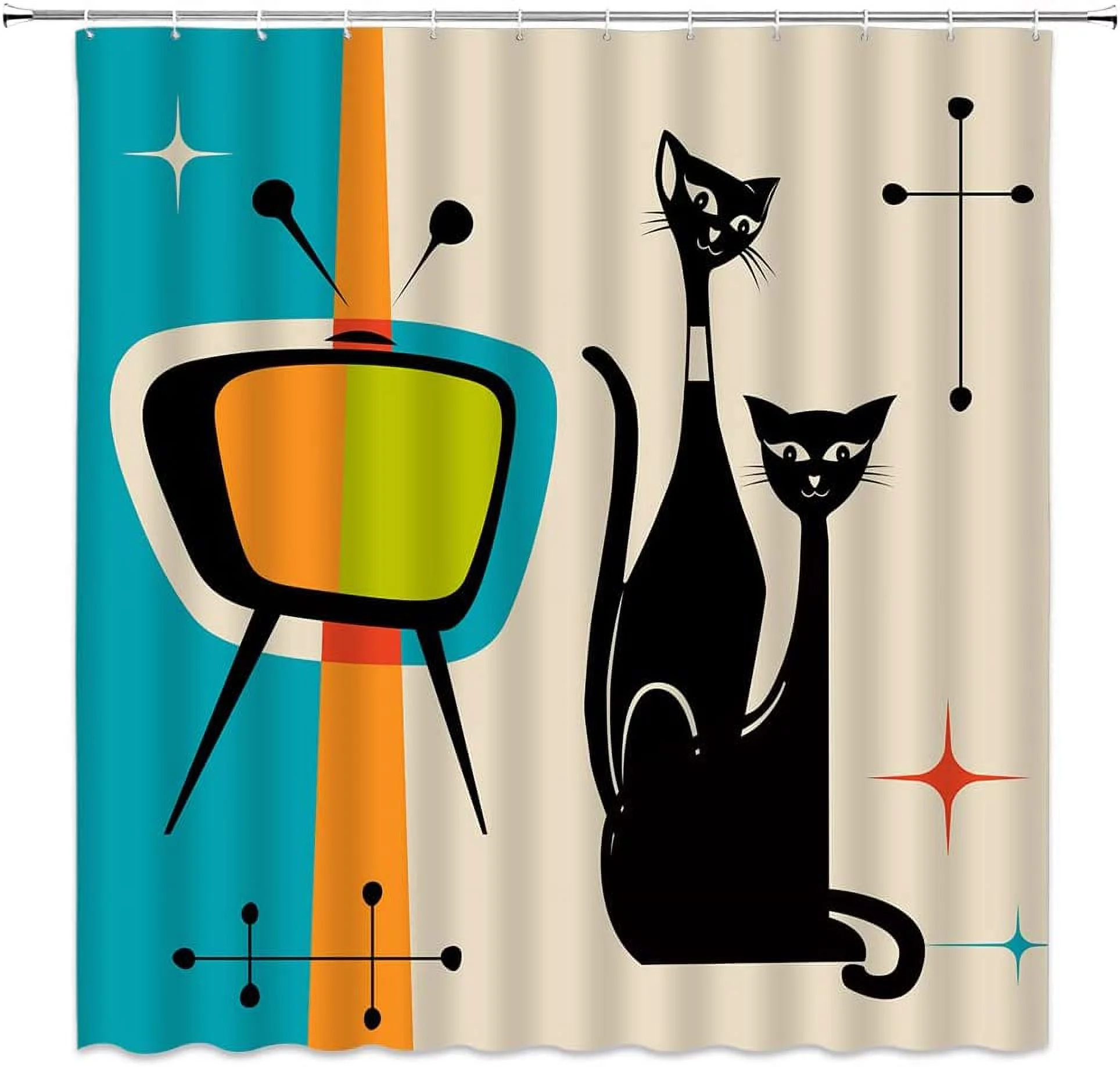 JOOCAR Mid Century Cat Shower Curtain Atomic Starbursts Modern Abstract Geometric Retro Black Kitty Animal Iconic Pattern Vintage Funny Teal Fabric Bathroom Decor with Hooks 72x72inch