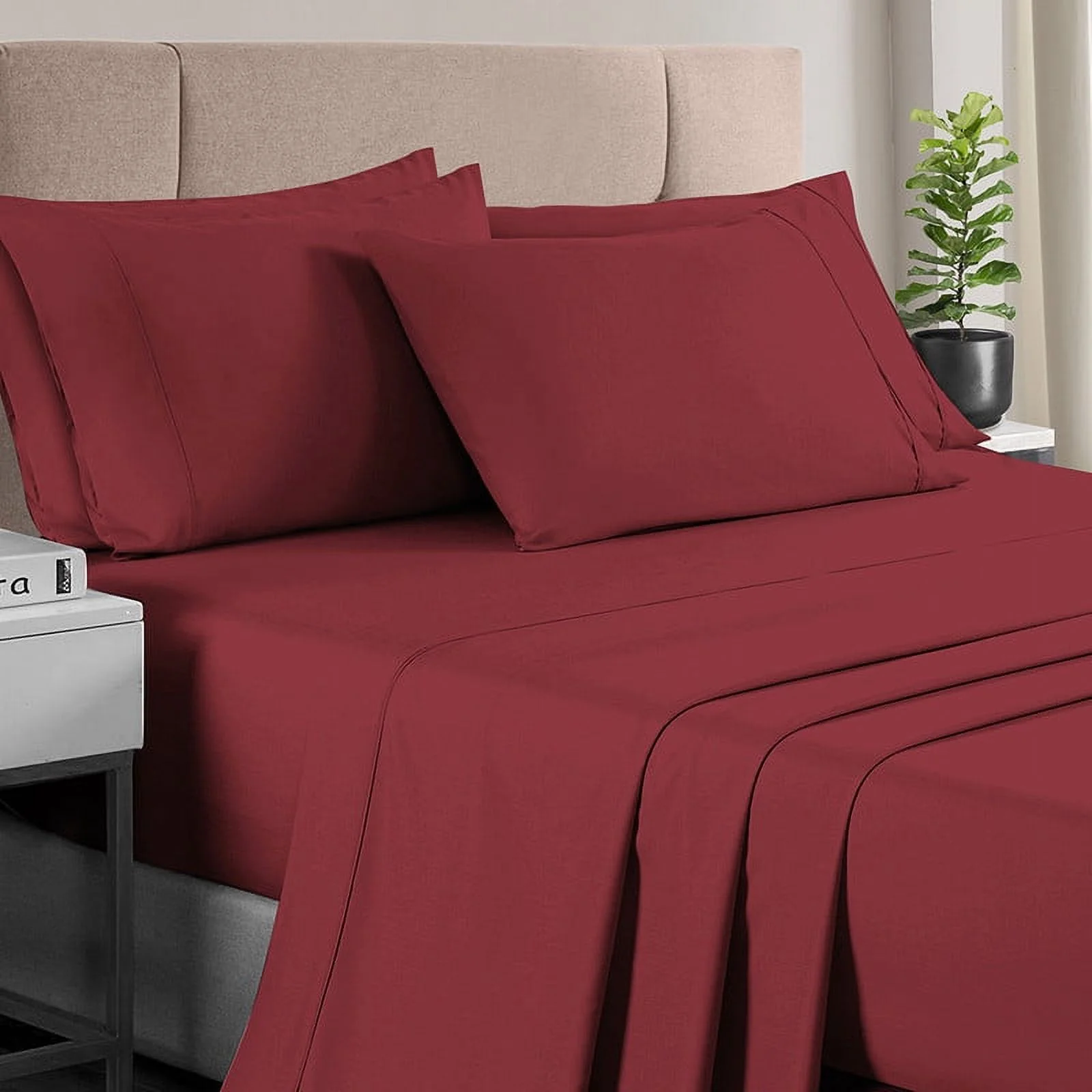 Pizuna 400 Thread Count 6Pc Rio Red Luxury Bed Sheets Set King With 4 Pillow Cases, 100% Long Staple Cotton Sateen Sheets King, Light Weight Soft Bed Sheets Fits Upto 15Inch, 6Pc Value Pack