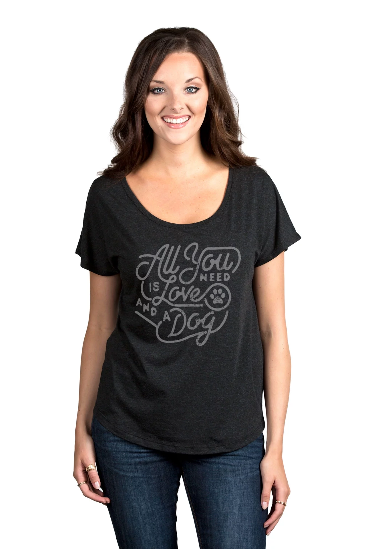 All You Need Is Love And A Dog Women's Fashion Slouchy Dolman T-Shirt Tee Heather Black Small