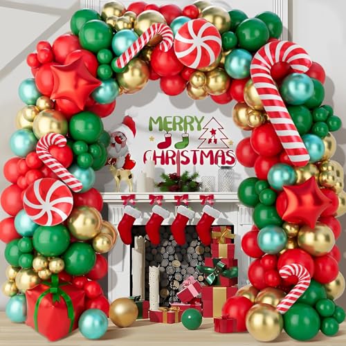 Christmas Balloon Arch Kit, 150Pcs Red Green Gold Balloon Garland with Candy Cane Balloons Red Star Balloons for Christmas Party Decorations, Xmas Decorations for Indoors