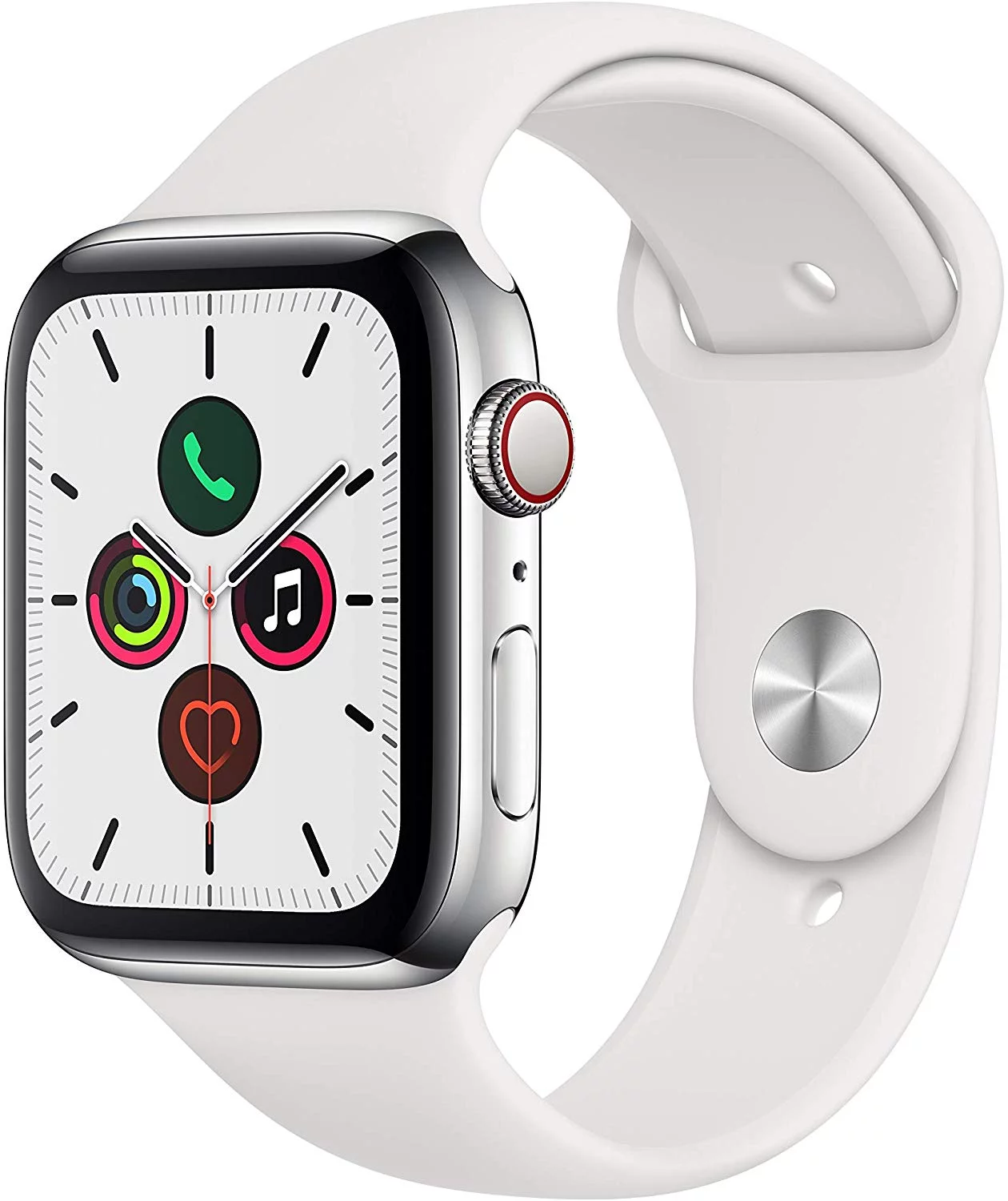 Restored Apple Watch Gen 5 Series 5 Cell 44mm Stainless Steel - White Sport Band MWW22LL/A (Refurbished)