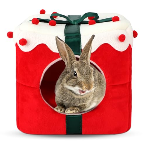 YUEPET Christmas Rabbit Bed Warm Bunny Hideout House, Cozy Washable Small Animal Hideout for Rabbit Bunny Guinea Pig Ferret Chinchilla 11.8