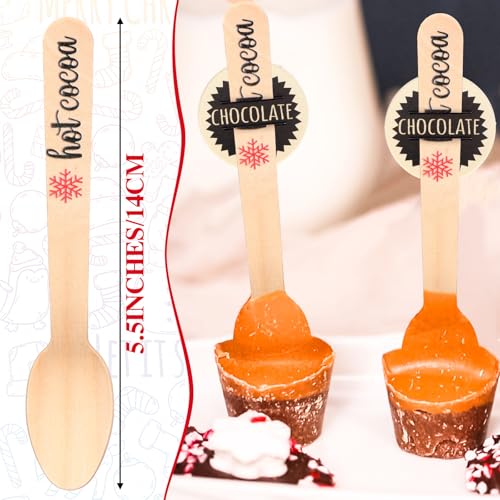 100 Set Christmas Disposable Wooden Spoons with Tag Bag Rope 5.5 Inches Christmas Hot Chocolate Spoons Red Stripes Candy Cane Wooden Stir Sticks for Tasting Cake Coffee Ice Cream Bar Supply