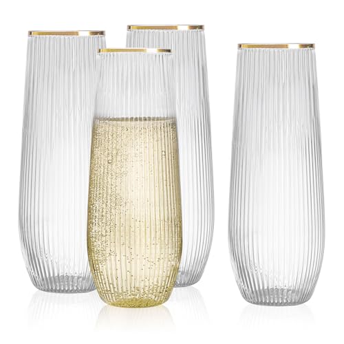 HOMIP 36pcs Plastic Champagne Flutes with Gold Rim - 9oz BPA-free Disposable Champagne Glasses, Ribbed Ripple Design for Weddings, Parties, Bars & Events (Stemless, Durable)