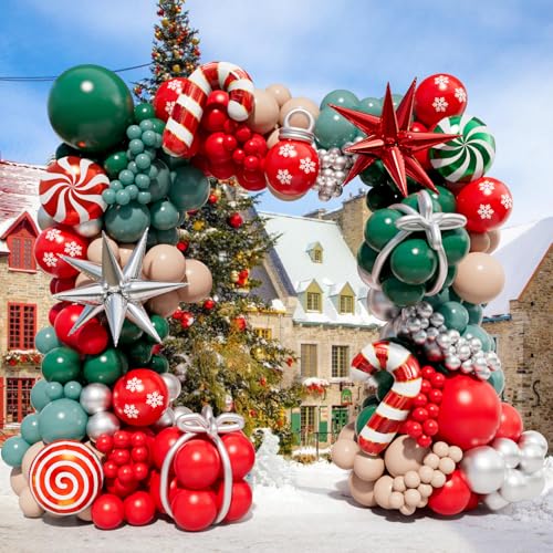DBKL Christmas Balloon Garland Arch Kit with 160Pcs Red Green Silver and Peach Nude Balloon, Cane Candy Foil Balloons, Silver Starburst Balloons for Christmas Party Decorations