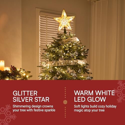 JOIEDOMI 9 inch Silver PVC Star Christmas Tree Topper, with 10 Warm White Light Glitter Swirl Battery Powered Indoor Decorations for Home Holiday Xmas Party