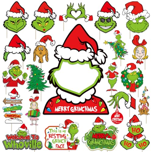 Christmas Photo Booth Props, 22 Pcs Whoville Christmas Decorations Props Include 1 Xmas Photo Frame and 21 Green Monster Photography Booth, Welcome to Whoville Cutouts Holder for Photoshoot