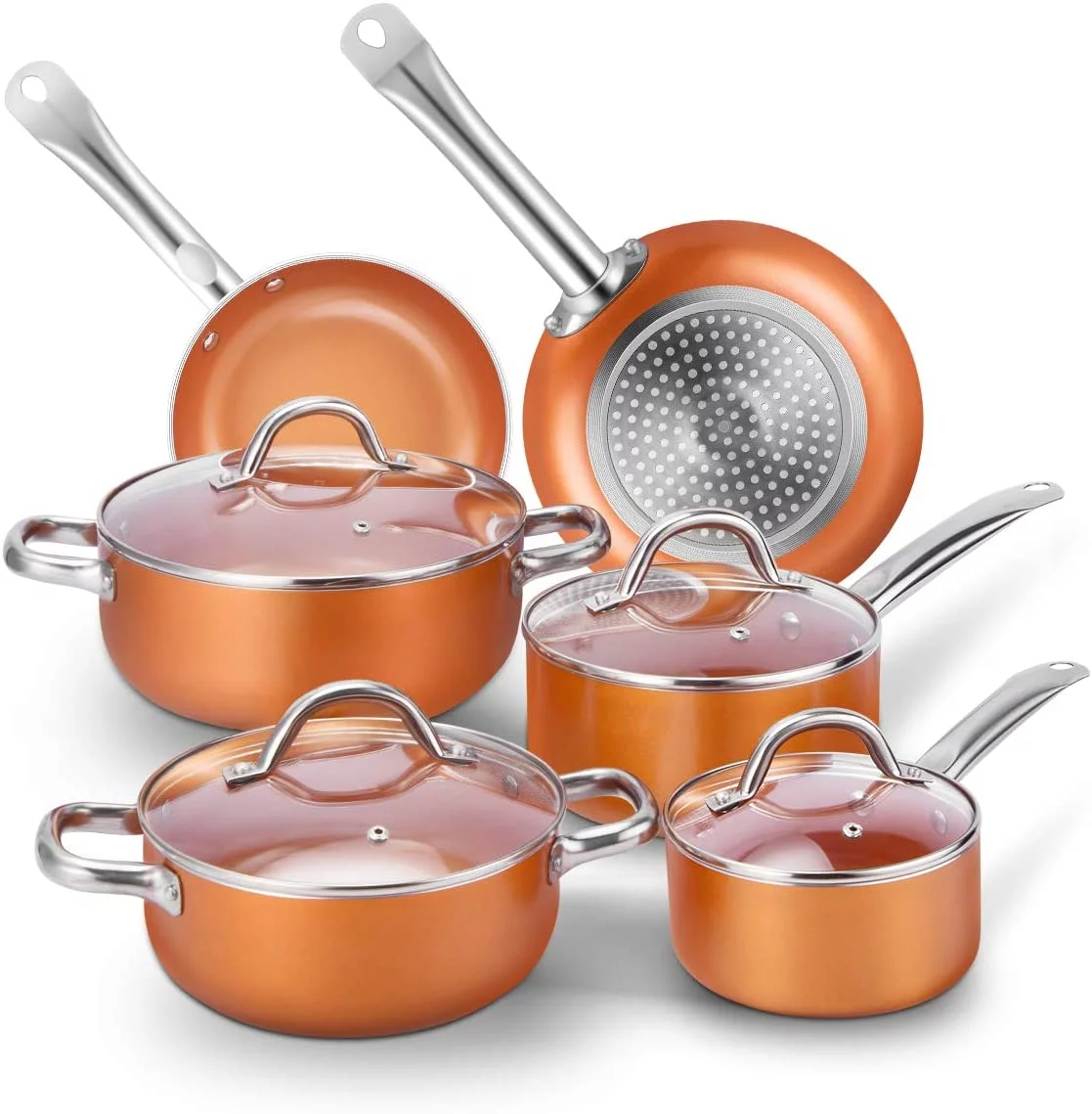 Excellent Nonstick Pots and Pans Set Copper  5 Piece Aluminum Fry Pan Cookware Set for Kitchen Induction Cooktop  PFOA Free  Dishwasher and Oven Safe  Orange