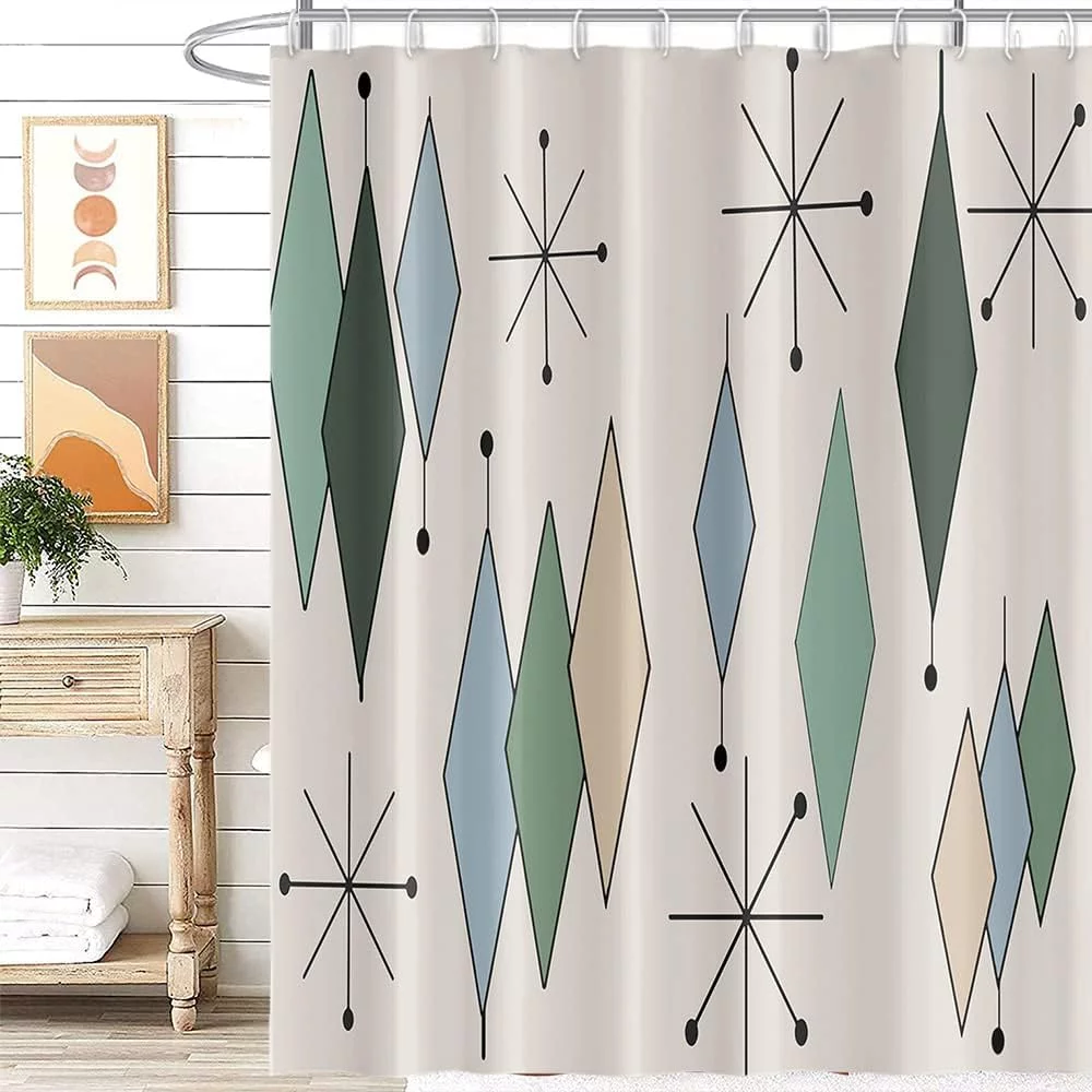 JOOCAR Mid Century Shower Curtain Modern Abstract Diamond Geometric Atomic Starburst Pattern for 1950s Retro Bathroom Decor Accessories Shower Curtain Set with 12 Hooks, 72x72 Inches