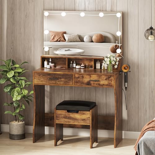 Vabches Vanity Desk with Mirror and Lights,Makeup Vanity with Storage Chair & Drawers,9 Hollywood Bulbs & 3 Lighting Modes,Dressing Table Set with Power Strip for Girls Bedroom,Black