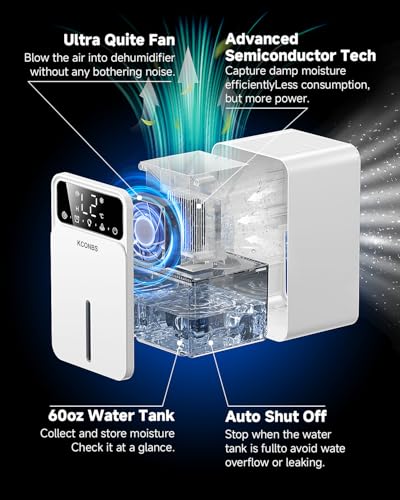 Dehumidifier, Dehumidifiers for Home, 60 OZ Water Tank, 500 sq.ft Dehumidifier for Bathroom, Bedroom, Basement with Auto Shut Off, Timer, 7 Colors LED Light (White)