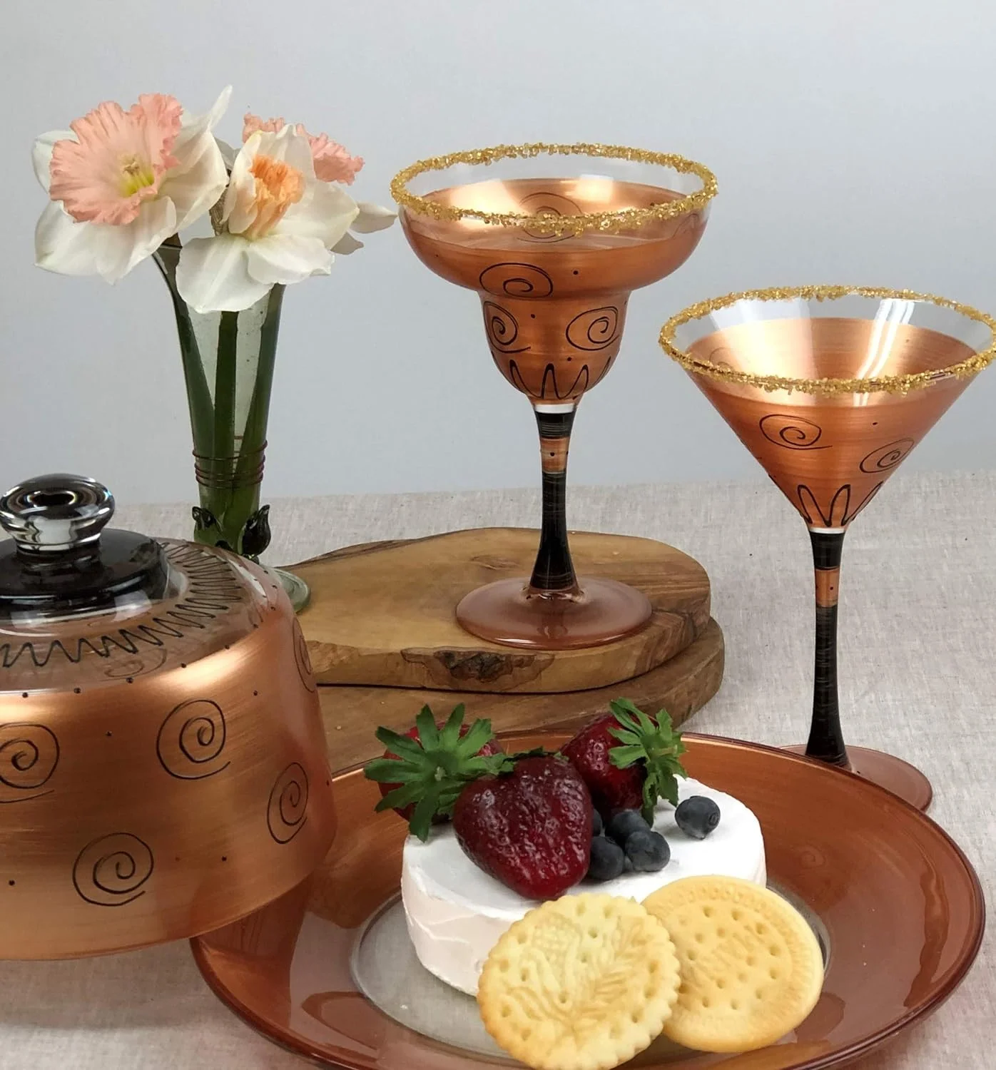 Hand Painted Martini Glasses Set Of 2 - Tuscan Sunset Collection - Hand Painted Glassware By Artists - Unique And Decorative Martini Glasses, Vibrant Gold, Kitchen Table Décor