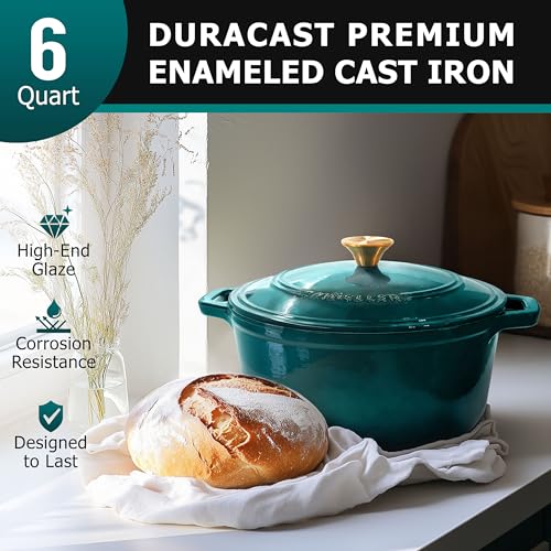 Mueller 6qt Enameled Cast Iron Dutch Oven, Heavy-Duty Casserole and Braiser Pan with Lid and Knob, Oven-Safe up to 500° F & Across All Cooktops, White