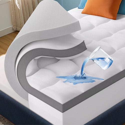 Bedsure 4 Inch Memory Foam Queen Mattress Topper, Dual Layer 2.5 Inch Gel Memory Foam & 800 GSM Waterproof Pillow Top Cooling Mattress Pad with 8-21 Inch Deep Pocket (Queen, 60x80 Inches)