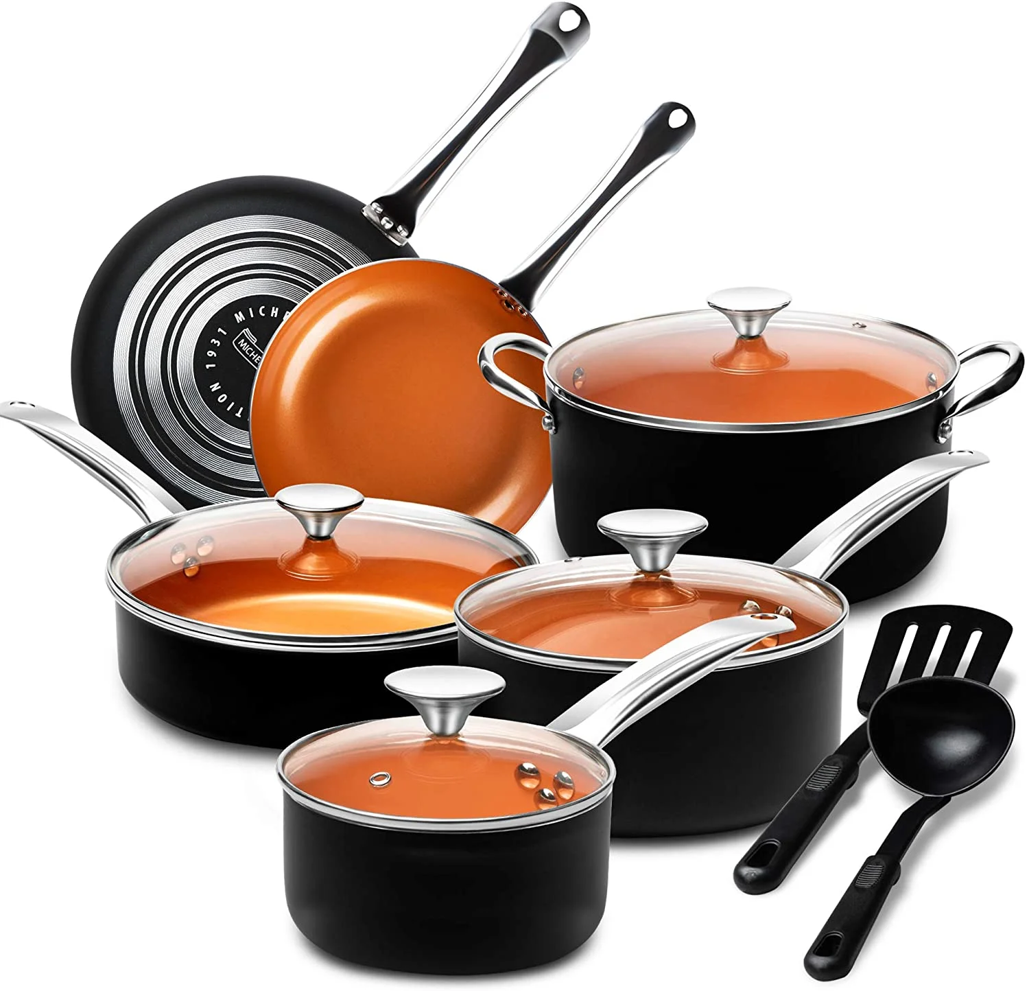 MICHELANGELO Pots and Pans Set 12 Pieces, Nonstick Copper Cookware Set with Ceramic Interior, Essential Copper Pots and Pans Set Nonstick, Ceramic Cookware Set 12 Piece with Spatula & Spoon