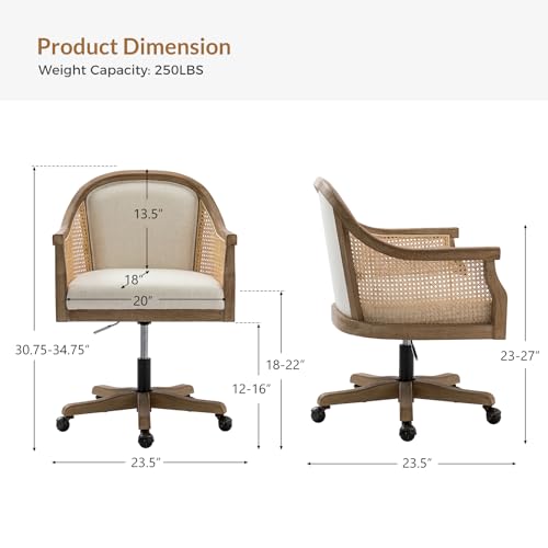 TINA'S HOME Rattan Desk Chair, Upholstered Home Office Chair with Armrest, Adjustable Swivel Rolling Height Computer Task Chair for Living Room Bedroom Study Room, Ivory