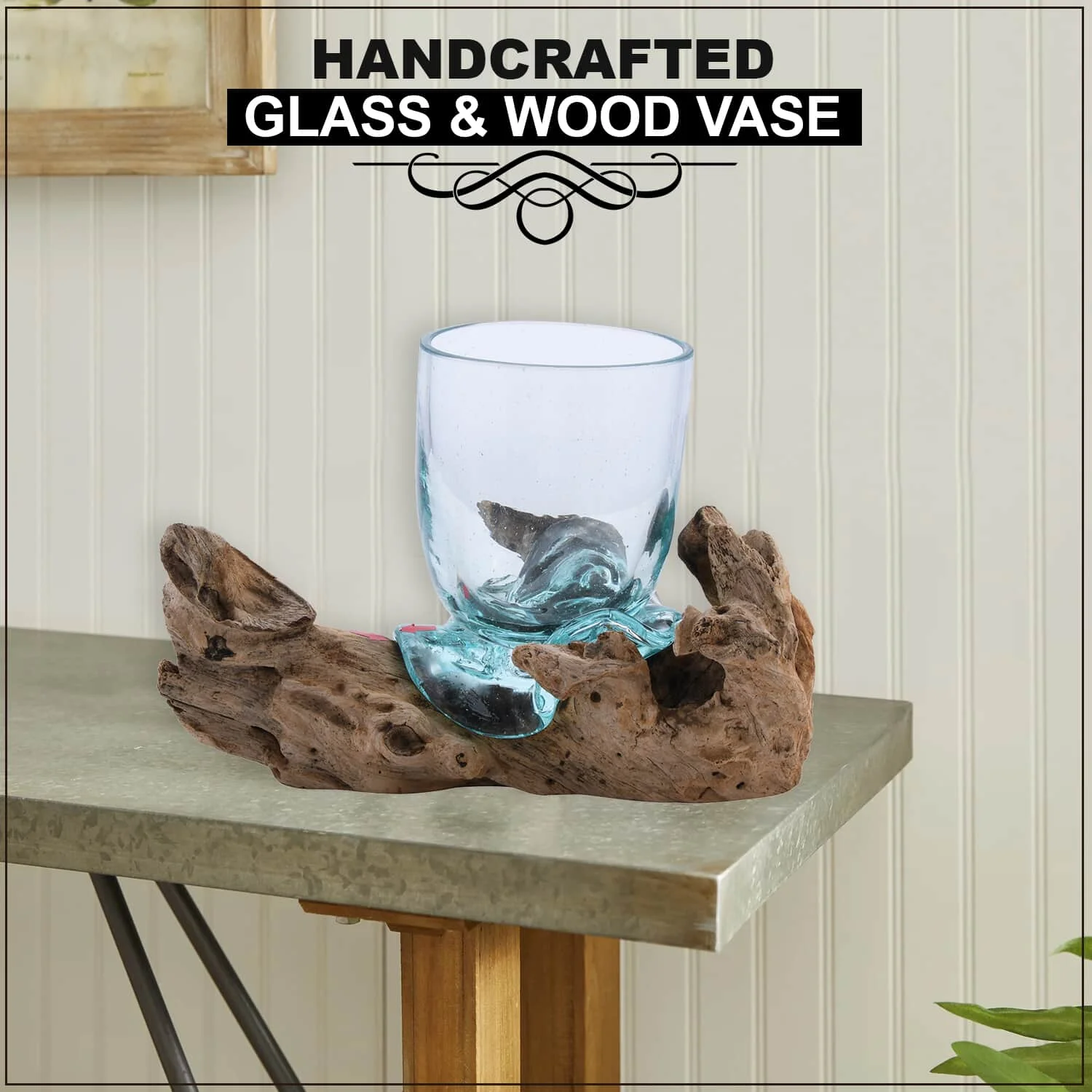 Shop LC Women Handcrafted Artisan Handblown Molten Drinking Glass with Wood Base Indoor Outdoor