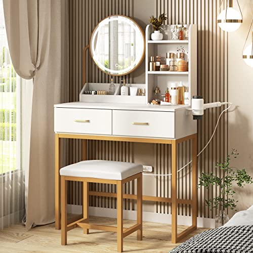 Makeup Vanity Desk with Round Mirror and Lights, Vanity Makeup Table with 2 Drawers, Small Vanity Table for Bedroom with Lots Storage (Brown with Charging, 15.75 * 31.5 * 53.6in)