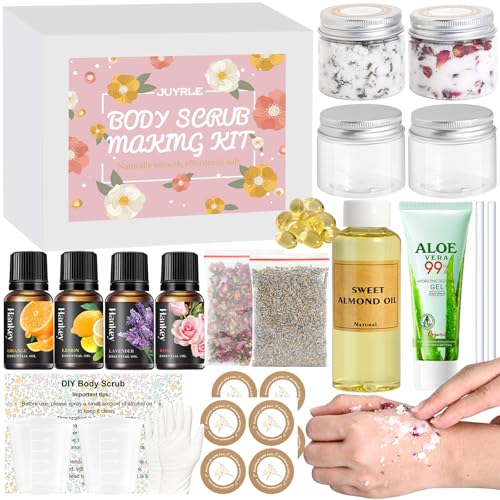 Body Scrub Making Kit- Make Your Own Salt Body Scrub with Almond Oil, Essential Oils, Moisturizing and Exfoliating Dry Skin Hand Foot DIY Organic Body Scrubs Christmas Gifts For Women & Men