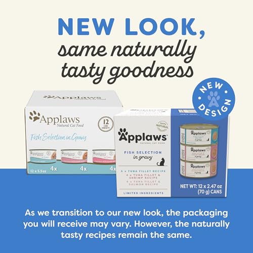 Applaws Natural Wet Cat Food in Gravy, Limited and Natural Ingredients, High Protein with No Artificial Additives, Fish Selection in Gravy (24 x 2.47oz Cans)