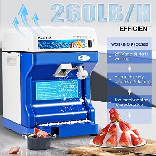 NEWTRY Commercial Ice Shaver Machine Electric Ice Cube Crusher Snow Cone Maker with Aluminum Alloy Blade Thickness Adjustable 260lb/h for Small Ice Cubes Summer Parties Bar Use 110V US