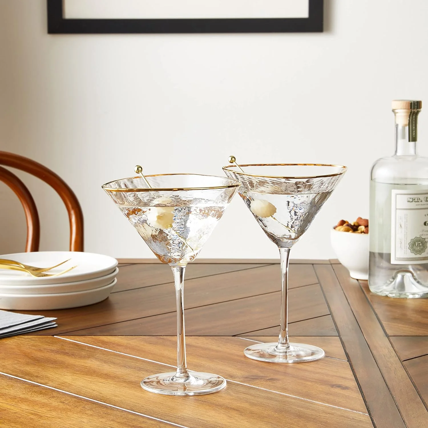 Iridescent Handmade Hammered Martini Glasses With Rim - Set Of 2 Rim Martini Glasses And 2 -Plated Cocktail Picks. Celebrate Life One Glass At A Time