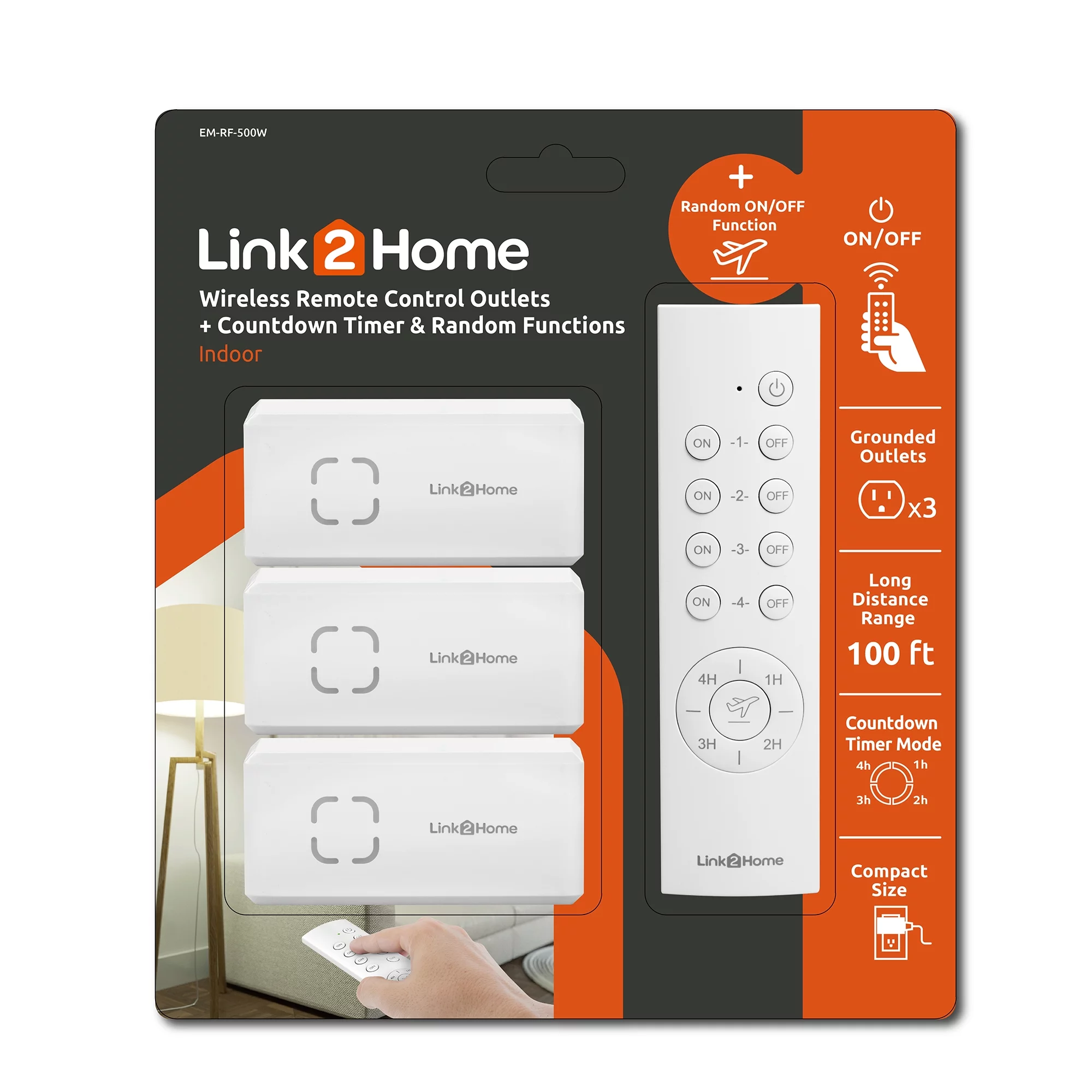 Link2Home Wireless Remote Control Outlet Light Switch, Countdown Timer and Random Function, 100 ft range, Compact Side Plug. Switch ON/OFF Household Appliances.