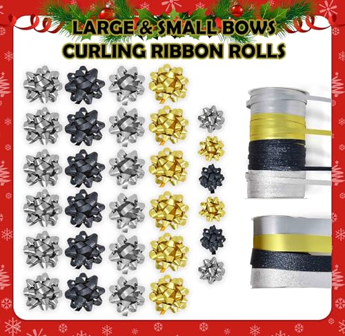 32 Pcs Gift Bows Assortment Set 30 Multi Colored Assorted Size Gift Bows Black Gold Silver & 8 Curling Ribbon Rolls for Christmas New Year Holiday Party