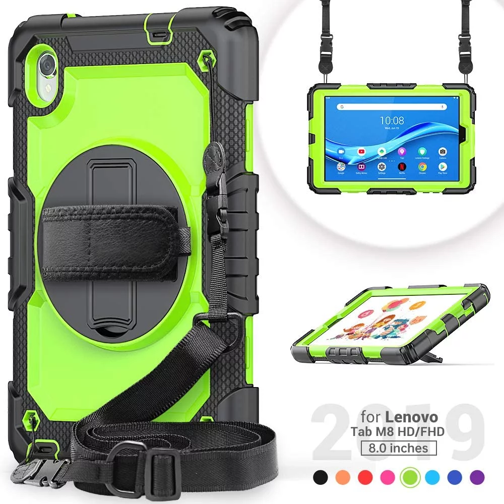 Lenovo Tab M8 HD 2nd Gen/Tab M8 FHD 2019 Case, Full-Body Protective Shockproof Cover with Screen Protector, 360° Rotating Stand, Hand/Shoulder Strap for Lenovo M8 8.0