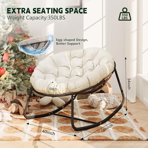 Outdoor Round Rocking Chair, Patio Wicker Egg Chair, Comfy Oversized Papasan Chair with Beige Padded Cushion, Royal Rattan Rocker for Living Room, Front Porch, Patio