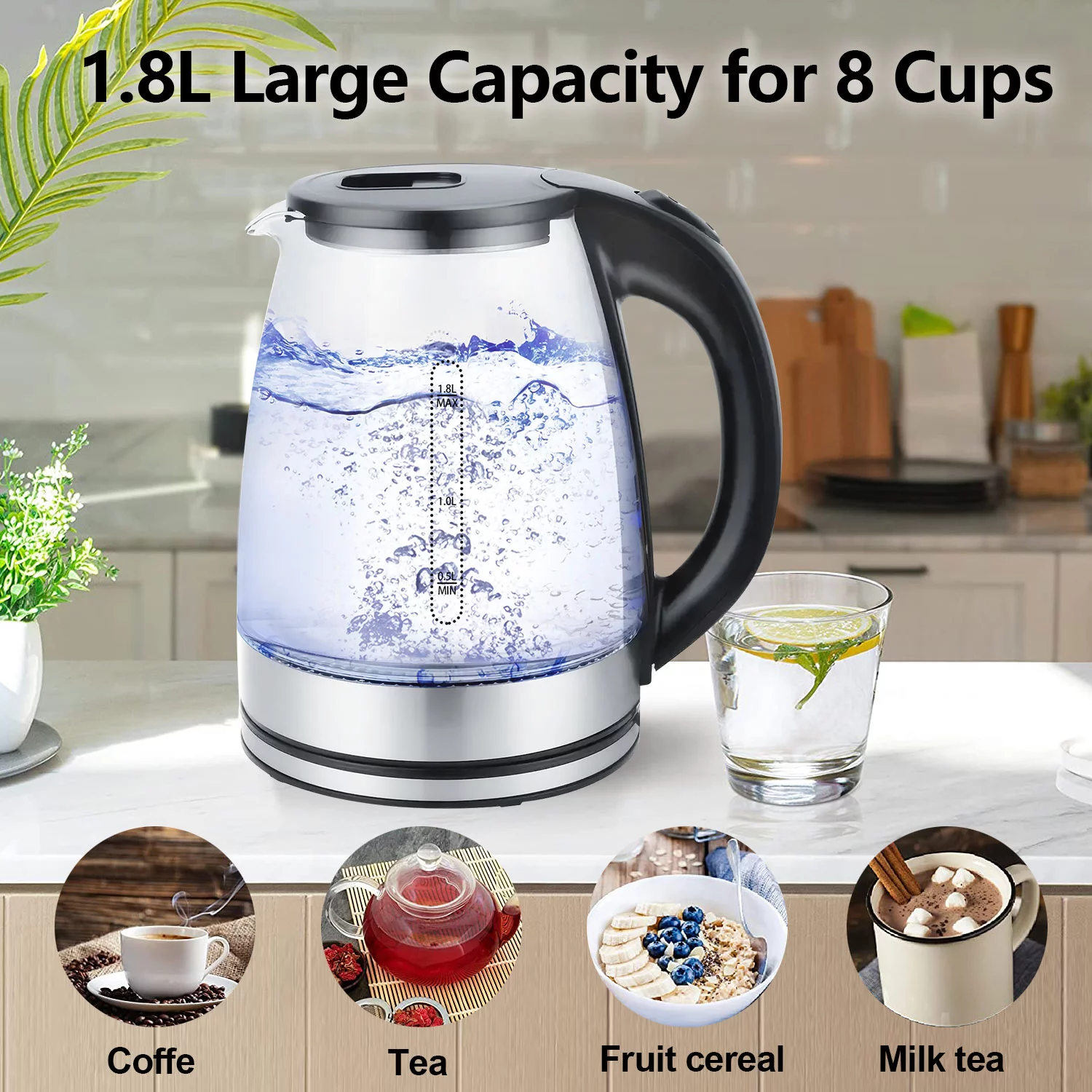 Electric Kettle, 1.8 Liter Fast Boiling Glass and Steel Hot Tea Water Kettle with Blue LED Indicator Light, Tea Kettle with Auto Shut-Off and Boil-Dry Protection